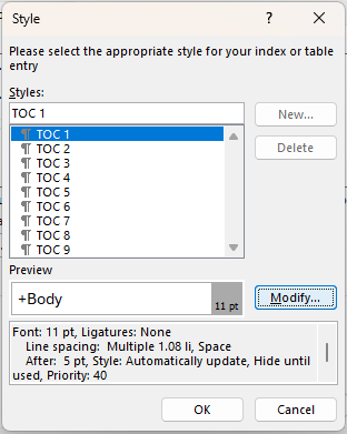Custom TOC Modify Dialog